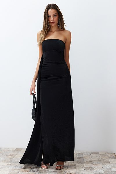 Trendyol Collection Μαύρο γκλίτερ πλεκτό μακρύ κομψό βραδινό φόρεμα TPRSS24AE00093
