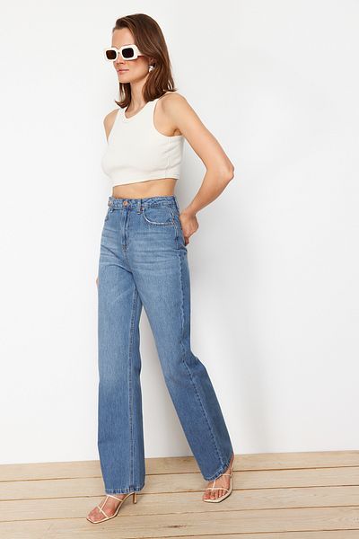 Trendyol Collection Blugi cu talie înaltă cu detaliu albastru cu talie înaltă TWOSS22JE0675