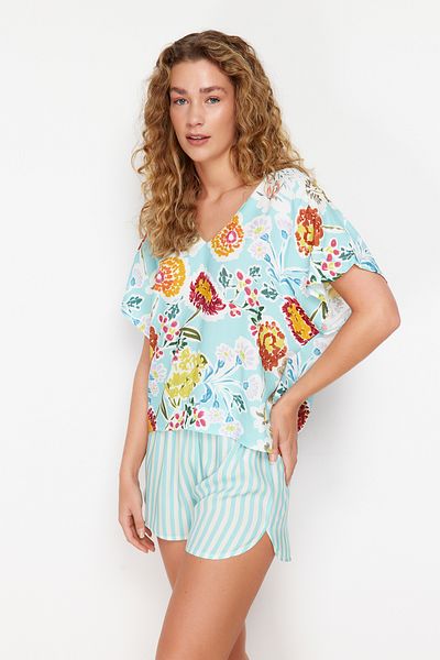 Trendyol Collection Blue Multicolor Floral Striped Viscose Woven Pajamas Set THMSS24PT00194