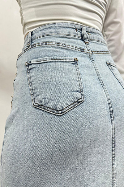 CİDDE Fusta de denim albastru deschis cu 5 buzunare, cu decupaje frontale, albastru deschis/34