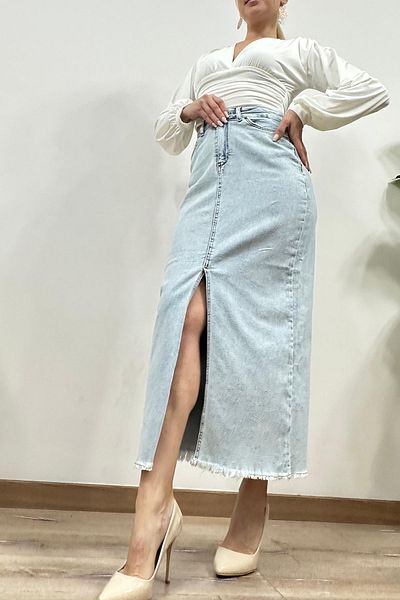 CİDDE Fusta de denim albastru deschis cu 5 buzunare, cu decupaje frontale, albastru deschis/34