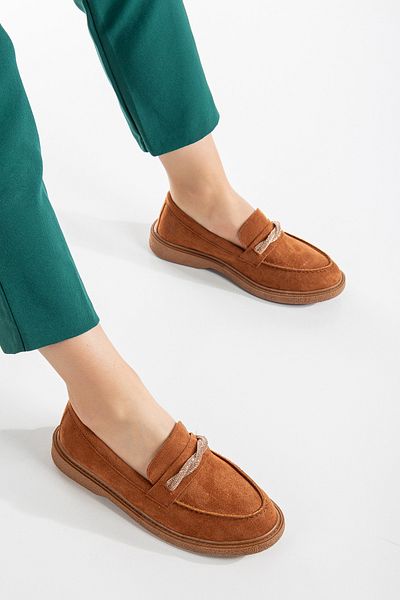 Tonny Black Γυναικείο Tan Suede Comfortable Fit Μπροστινό Spiral Stoned Daily Loafer