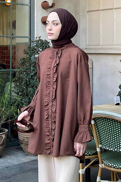 lamelif سترة كبيرة الحجم منقوشة من Flores - كشكشة، بني مرير