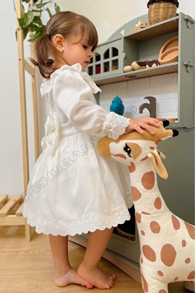 penu baby kids Beyaza Beyaz Fiyonklu Uzun Kol Kız Bebek Elbise - Candy