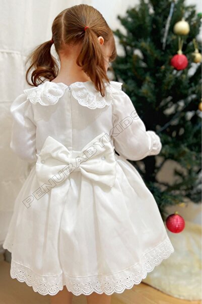 penu baby kids Beyaza Beyaz Fiyonklu Uzun Kol Kız Bebek Elbise - Candy