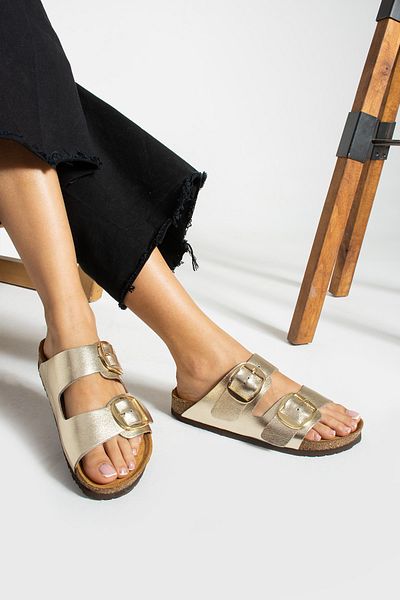 Uniqueqoop Orthopedic Genuine Leather Women's Slippers - Tokyo Big Buckle Cork Sole