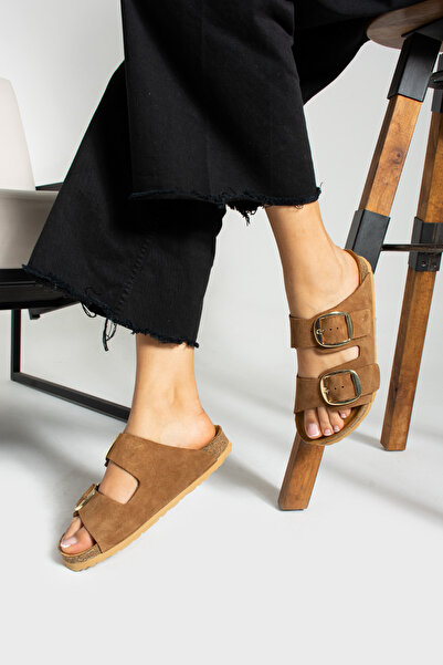 Uniqueqoop Orthopedic Genuine Leather Women's Slippers - Tokyo Big Buckle Cork Sole