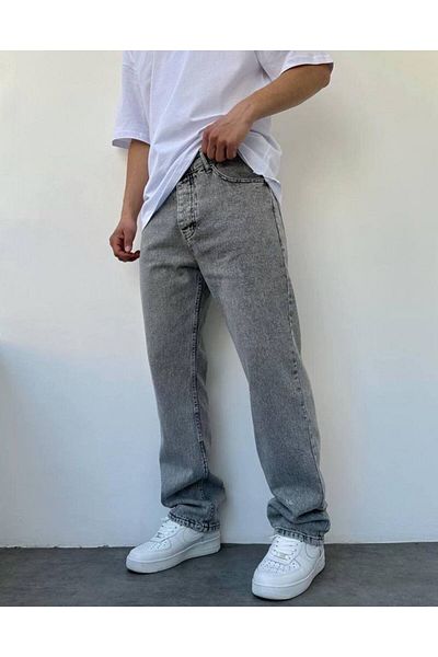 Gambocci Men's Gray Baggy Comfortable Denim Cut Trousers