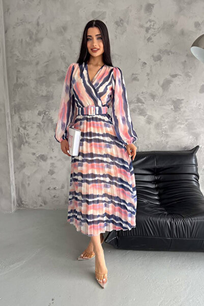 Neşeli Butik rochie din șifon cu model plisat, căptușită cu pudră pentru femei KKLF82