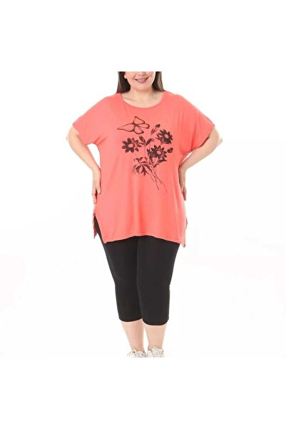 BİrHoşButik LARGE SIZE FULL LYCRAL CYCLING NECK FLOWER BUTTERFLY PATTERNED WIDE MOLD TREND T-SHIRT AND TIGHTS SET