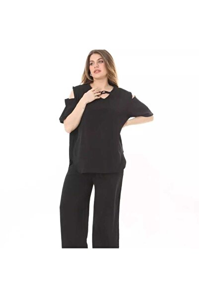 BİrHoşButik LARGE SIZE AEROBIN FABRIC SHOULDER OPEN COLLAR LACE-UP SHORT SLEEVE WAIST RUBBER WIDE MOLD TREND SET