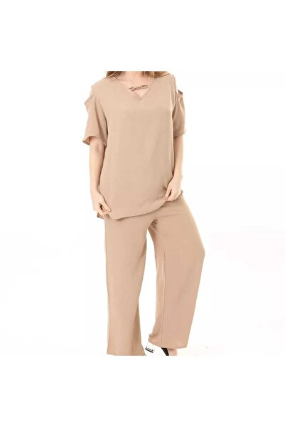 BİrHoşButik LARGE SIZE AEROBIN FABRIC SHOULDER OPEN COLLAR LACE-UP SHORT SLEEVE WAIST RUBBER WIDE MOLD TREND SET