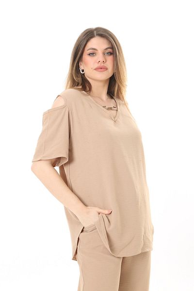 BİrHoşButik ȚESĂTURĂ AEROBIN DE MĂRIME MARE GULER DESCHIS LA UMĂR CU șireturi Mâneci scurte CU TALIE ELASTICĂ COSTUME TREND LA MĂRIME LATĂ