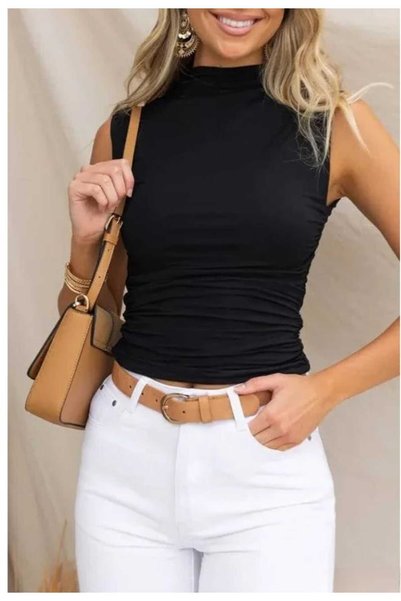 morche Women's Seamless Turtleneck Blouse Gathered Sides Sleeveless Black Tank Top