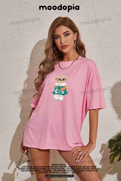 Moodopia Tricou oversize roz cu imprimeu Sweet Bear de damă