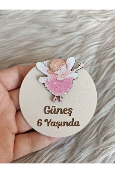 doğrukan Pembe elbiseli peri kızı ahşap yenidoğan doğum günü magnet hediyelik...