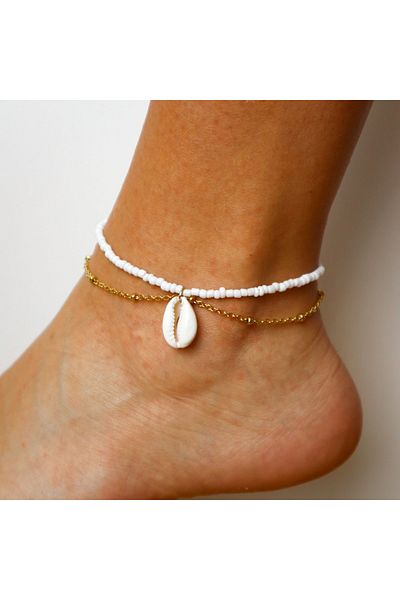 Stoneday 2-Piece Combined Anklet with Gold Chain and White Sand Beads Sea Shell