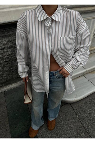VOOLSTYLE Boydan çizgili oversize gömlek