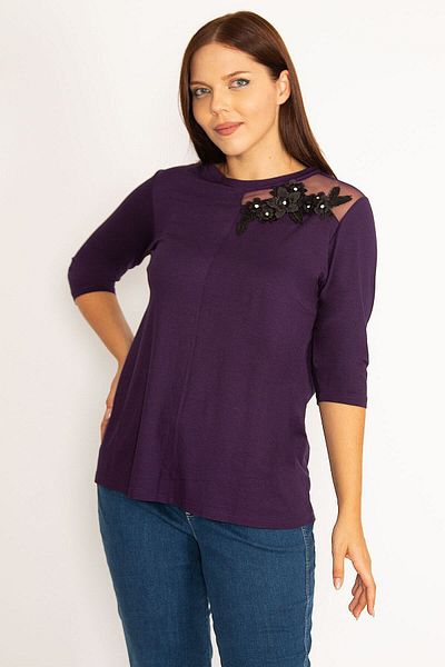 Şans Women's Large Size Purple Applique and Tulle Detailed Blouse 65n34575