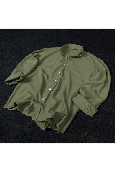 Hazhers Erkek Oversize Gömlek Yaka Uzun Kollu Keten Yazlık Gömlek