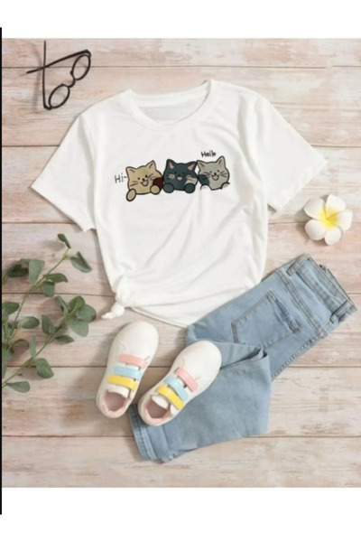 Pelna Παιδικό μοντέλο με τάση λευκό μπλουζάκι γατάκι με στάμπα βαμβακερό