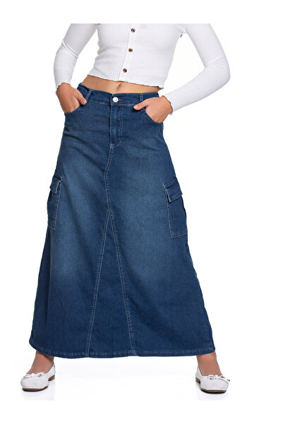 WOGGI Kargo Cepli Mavi Renk Yüksek Bel Uzun Denim Etek