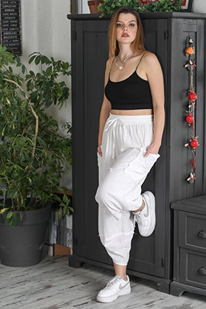 Chiccy Italian White Double Pocket Washed Elastic Waist Baggy Leg Casual Woven Trousers