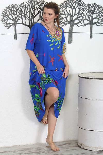 Chiccy Rochie albastră cu mânecă scurtă, cu decolteu în V, cu buzunare dublu, imprimată, țesută