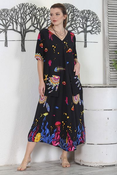 Chiccy Rochie neagră cu mânecă scurtă, cu decolteu în V, cu buzunare dublu, imprimată, țesută casual