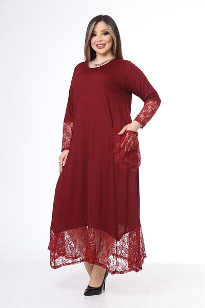 garajmood Rochie Marime Plus cu Detaliu Dantela Burgundy