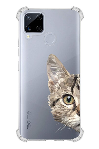 PrintiFy Realme C15 Uyumlu Köşe Korumalı Catface Tasarımlı Şeffaf Airbag Silikon Kılıf