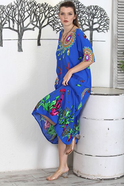 Chiccy Mavi V Yaka Kısa Kol Çift Cepli Allover Baskılı Casual Dokuma Elbise