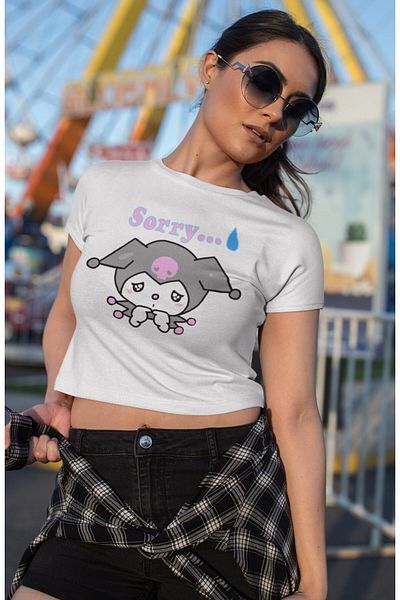 Fuddy Moda Crop Top cu imprimeu Sad Kuromi, Bluză Crop Scrisă Sorry