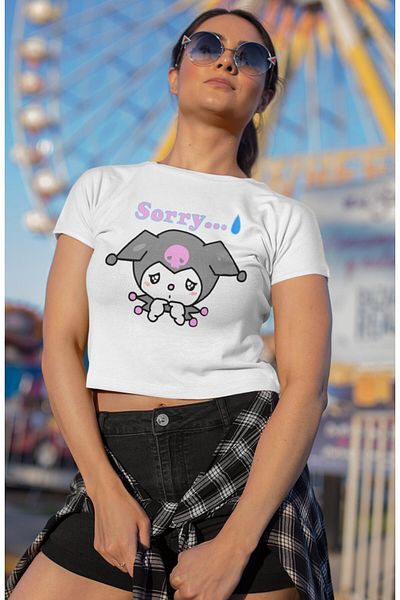 Fuddy Moda Crop Top cu imprimeu Sad Kuromi, Bluză Crop Scrisă Sorry