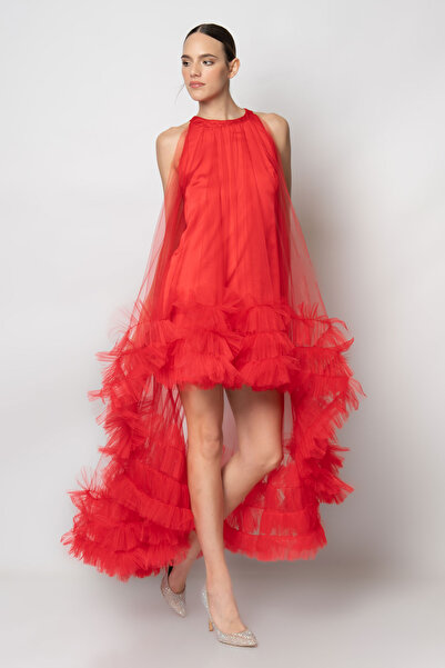 RENGIN Halter yaka etek turu fırfırlı tül abiye elbise