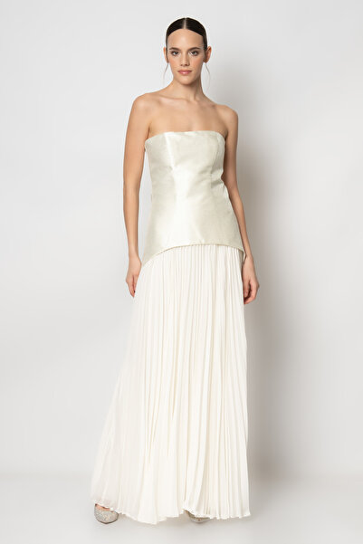 RENGIN Üstü korsajlı altı pileli şifon straplez abiye elbise