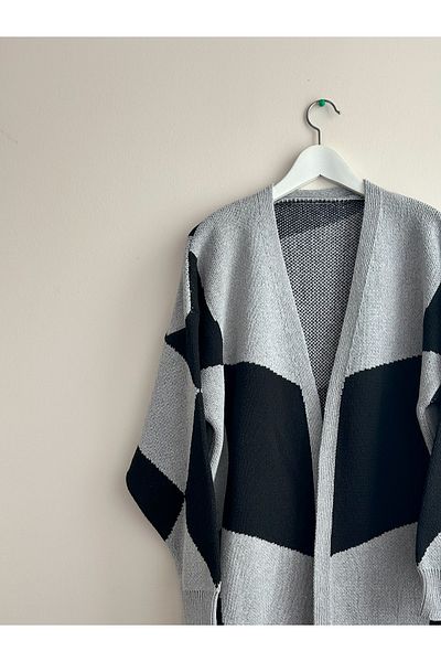 Sun Art Knitting Women's Black Beige Patterned Thick Cardigan Jacket