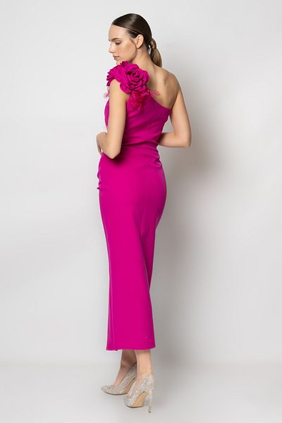 RENGIN One shoulder flower accessory waist pleated crepe evening dress