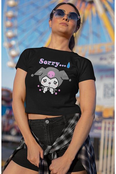Fuddy Moda Crop Top cu imprimeu Sad Kuromi, Bluză Crop Scrisă Sorry