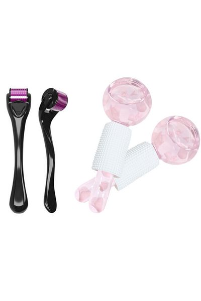 Welta Titanyum Uçlu 540 Iğneli Derma Roller 1 mm Ve Ice Globes Buz Küresi Soğuk Masaj Topu 2 Adet Pembe