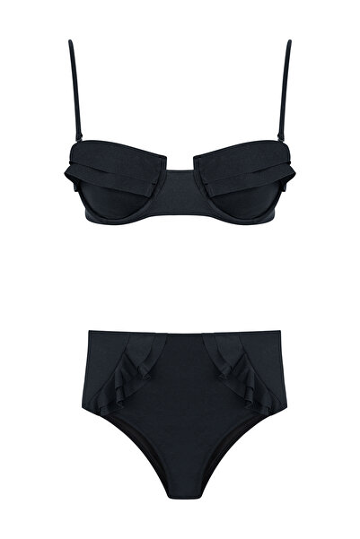 AQUELLA Γυναικείο σετ μπικίνι με μαύρα βολάν Με μπανέλα