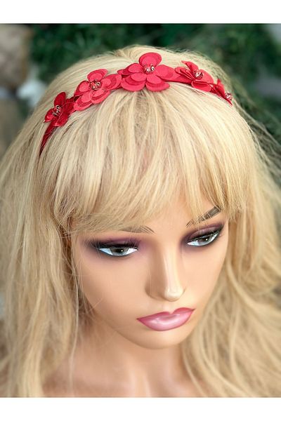QUEEN AKSESUAR Red Maternity Daisy Flower Patterned Crown - Satin, Crystal Stone and Katmer Detailed