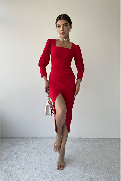 SONREİR Rochie midi cu detaliu fustă Croissant cu decolteu pătrat