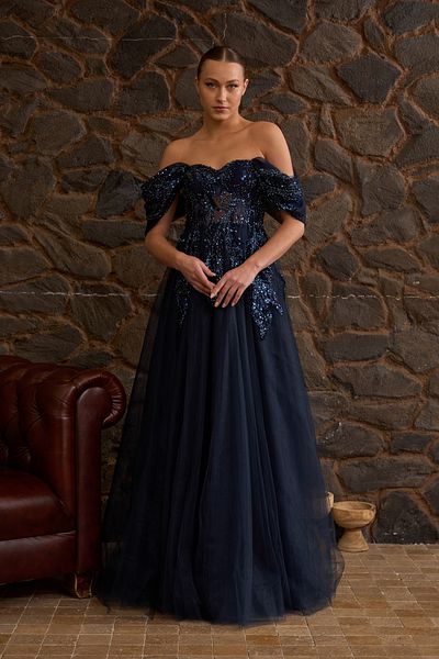 Lenta Moda Navy Blue Beaded Lace Covering and Feather Detailed Maxi Length Evening Dress