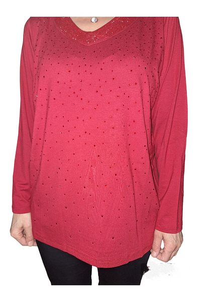 HaiModa بلوزة الأم من القطن الممشط بأكمام طويلة ورقبة على شكل حرف V مزينة بالأحجار