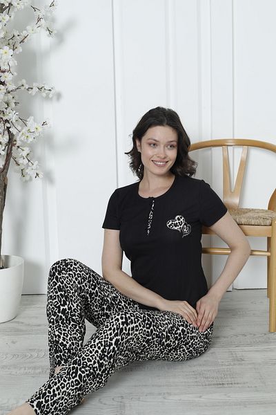Wordex Set de pijamale pentru femei Mr 1417 Pegasus, cu maneci scurte, cu model de leopard