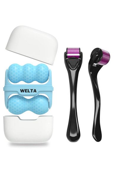 Welta Ice Roller Çift Taraflı Yüz Masaj Aleti Mavi Ve Titanyum Uçlu 540 Iğneli Derma Roller 1 mm