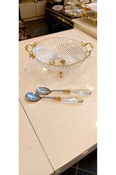 MaviDamla 3 PARCA KLASİK AYAKLI SALATA SERVİS SETİ ALTIN