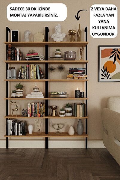 Phobia Kitaplık, Yeni Siyah Metal Kitaplık, 6 Raflı Duvara Monte , Çam Duvar Rafı Kitaplık, Mobilya 714