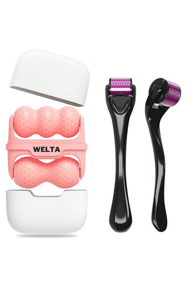 Welta Ice Roller Double Sided Facial Massager Pink and Titanium Tip 540 Needle Derma Roller 0.5 mm
